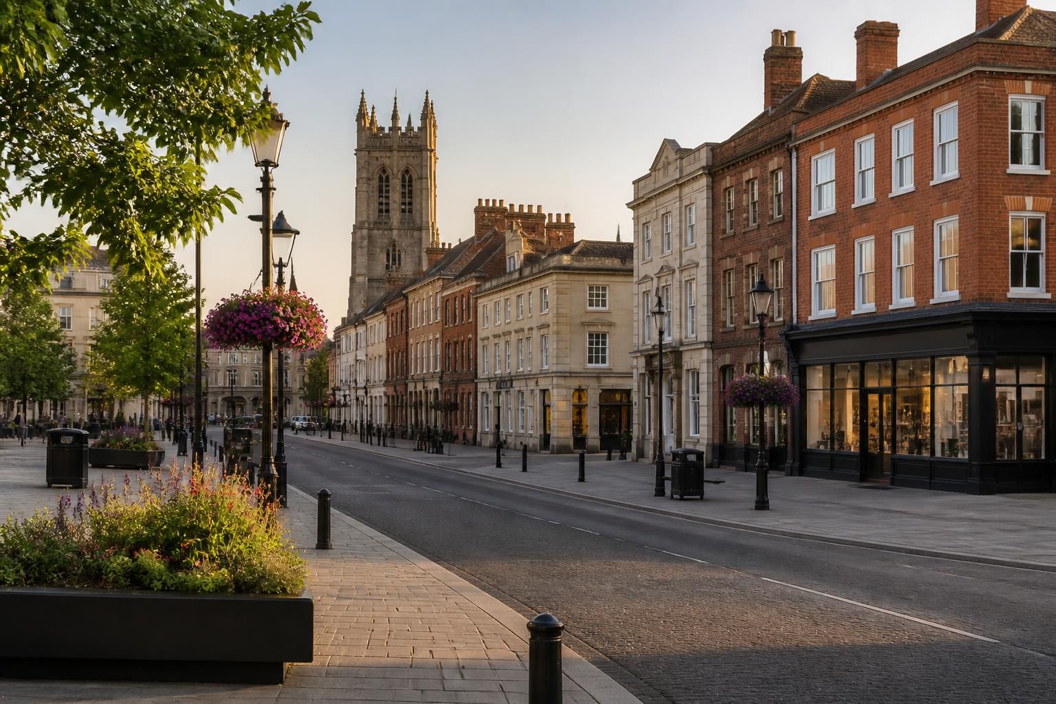 Bedford town center scene with clean streets and calm atmosphere.