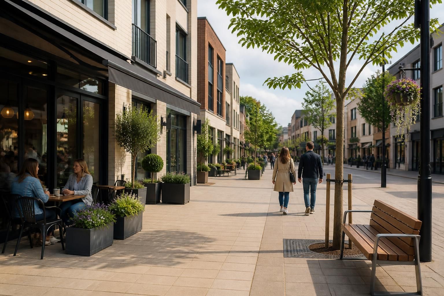 Cheshunt neighborhood scene with modern storefronts and calm feel.