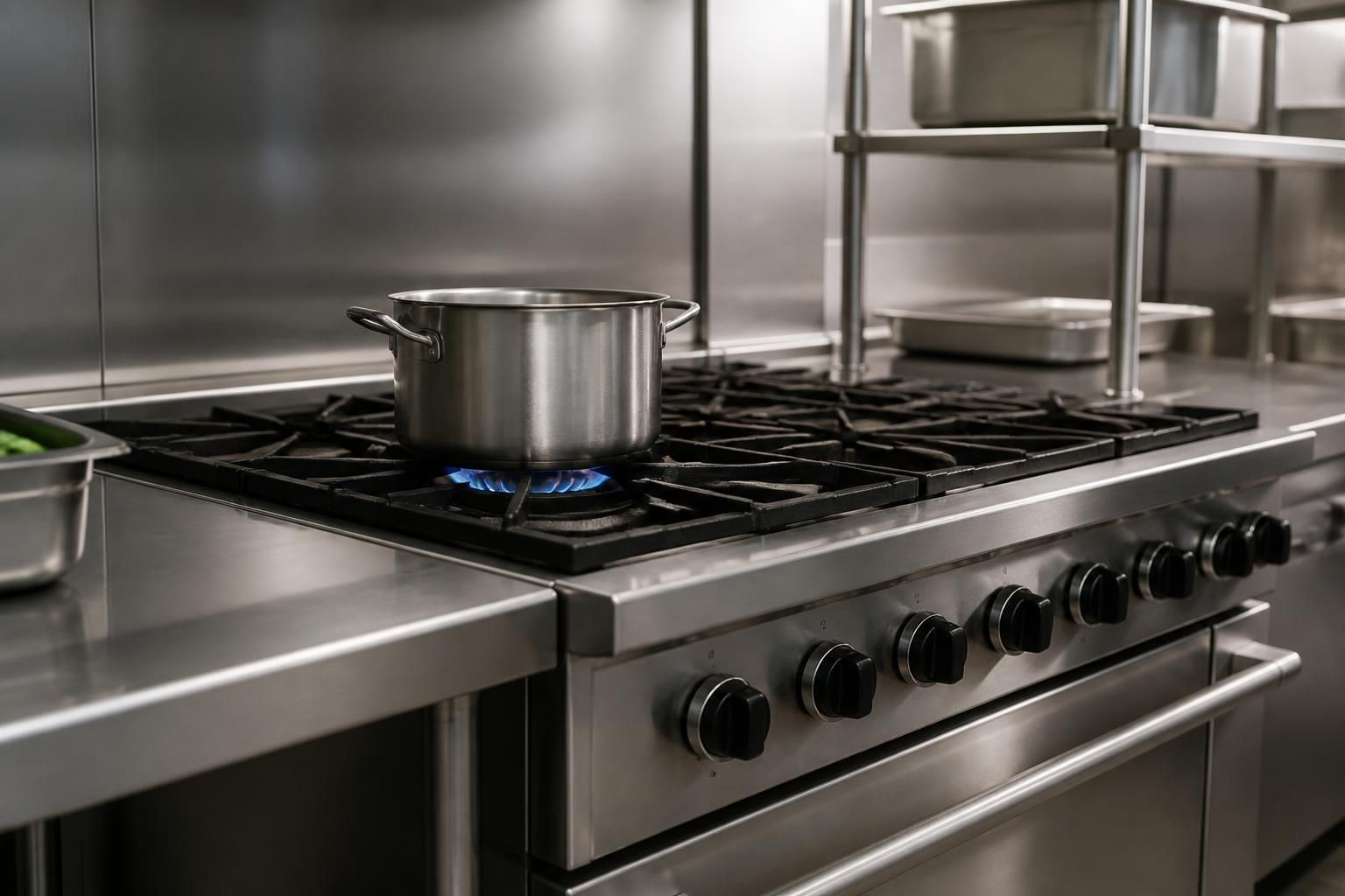 Finished commercial kitchen with a clean installed gas range.
