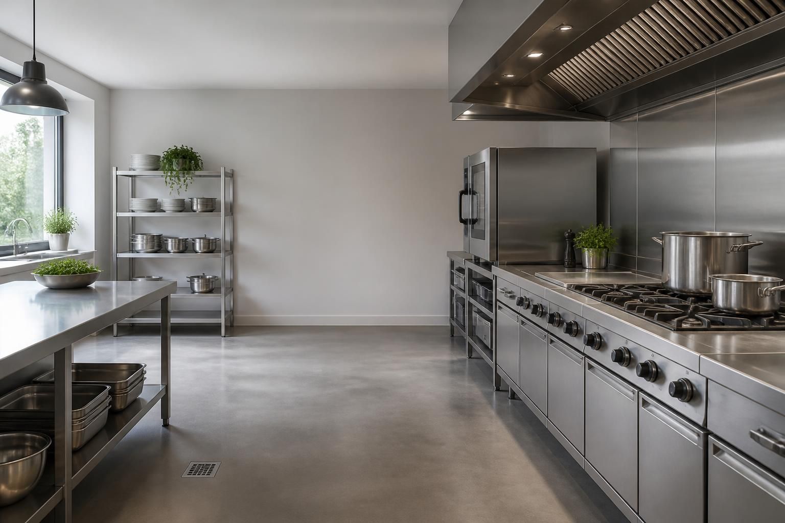 Clean commercial kitchen with polished gas appliances and open negative space.