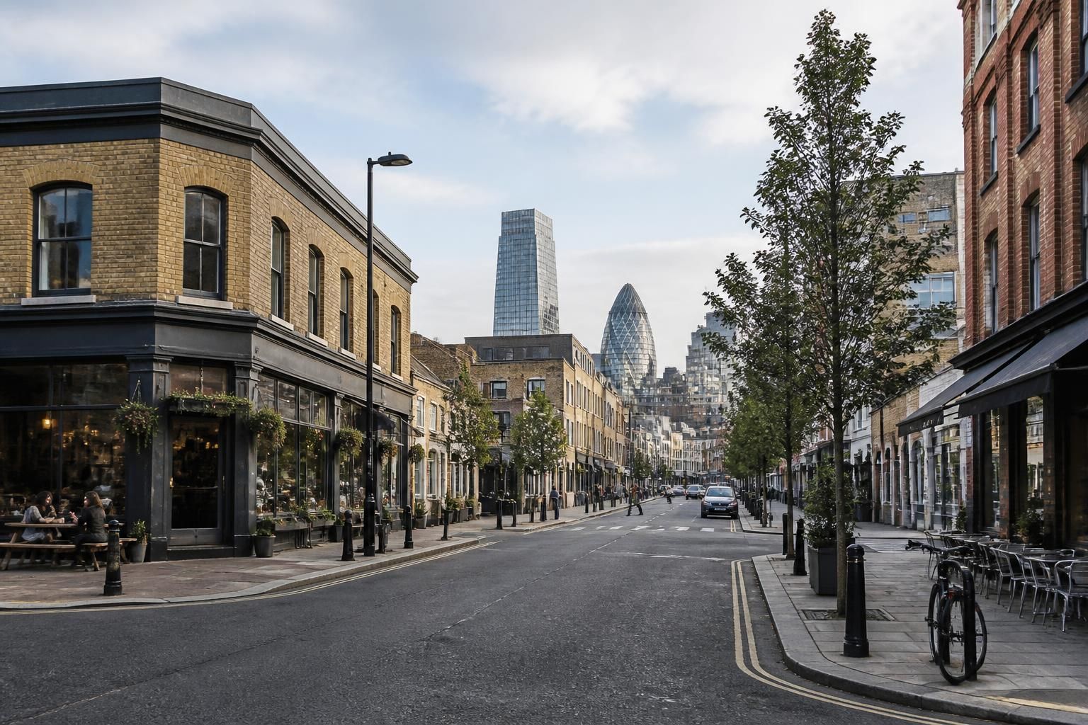 East London streetscape with mixed commercial buildings and urban atmosphere.