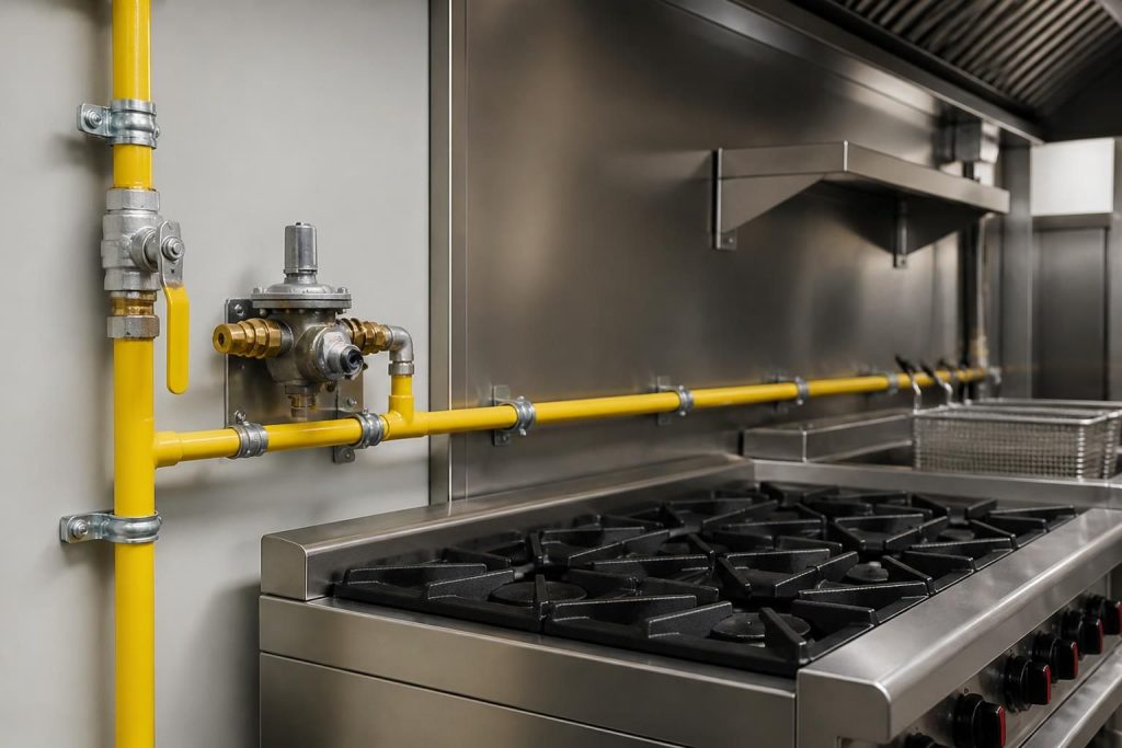 Safe commercial kitchen gas installation with clean appliances.