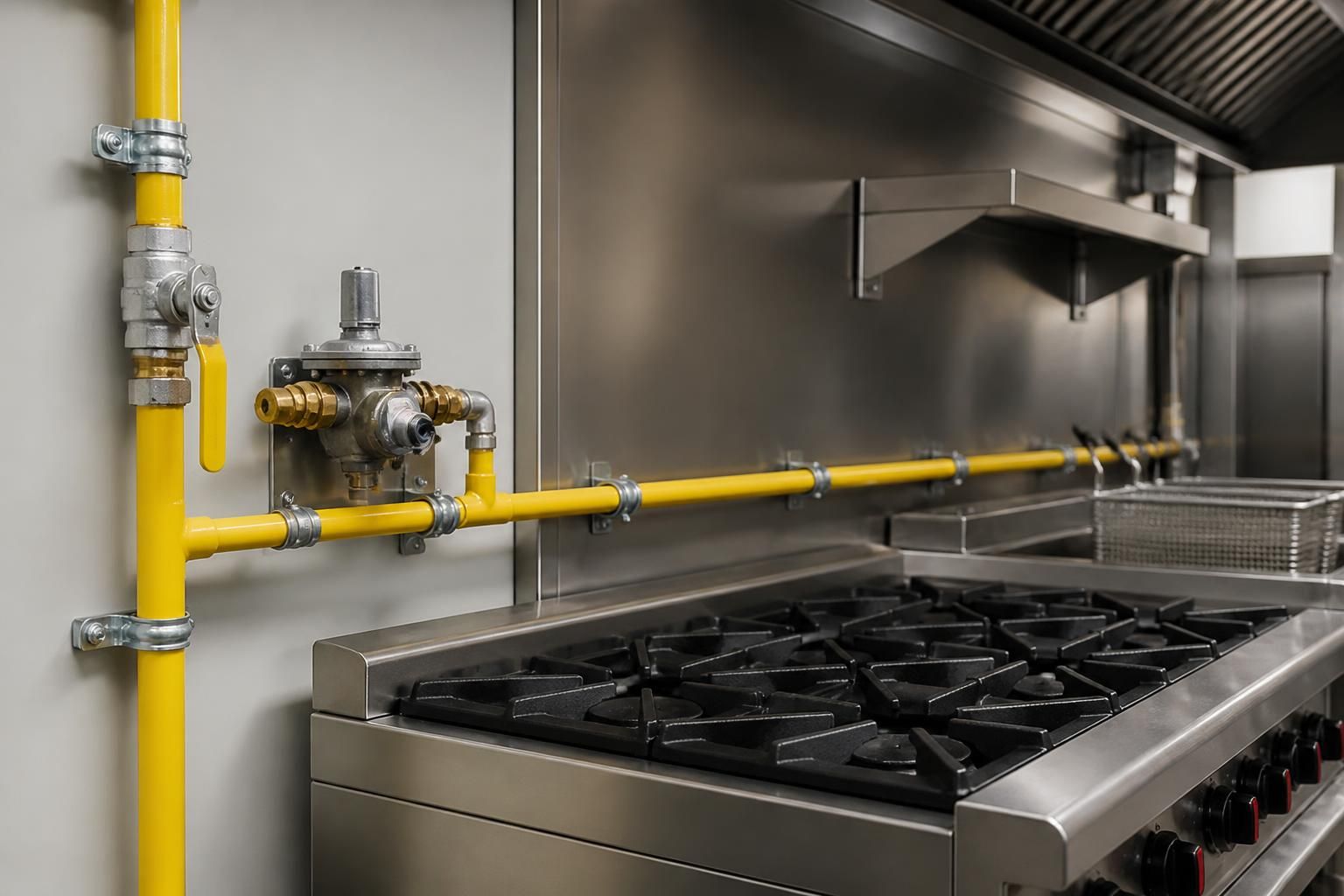 Safe commercial kitchen gas installation with clean appliances.