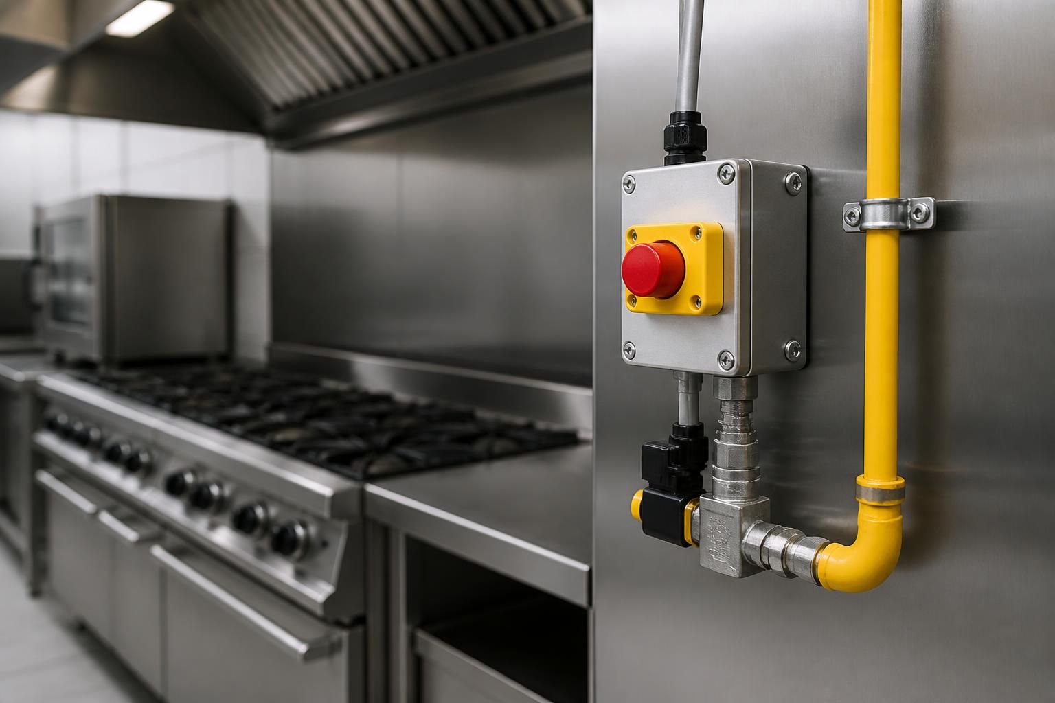 Commercial kitchen gas safety interlock installed with catering equipment.