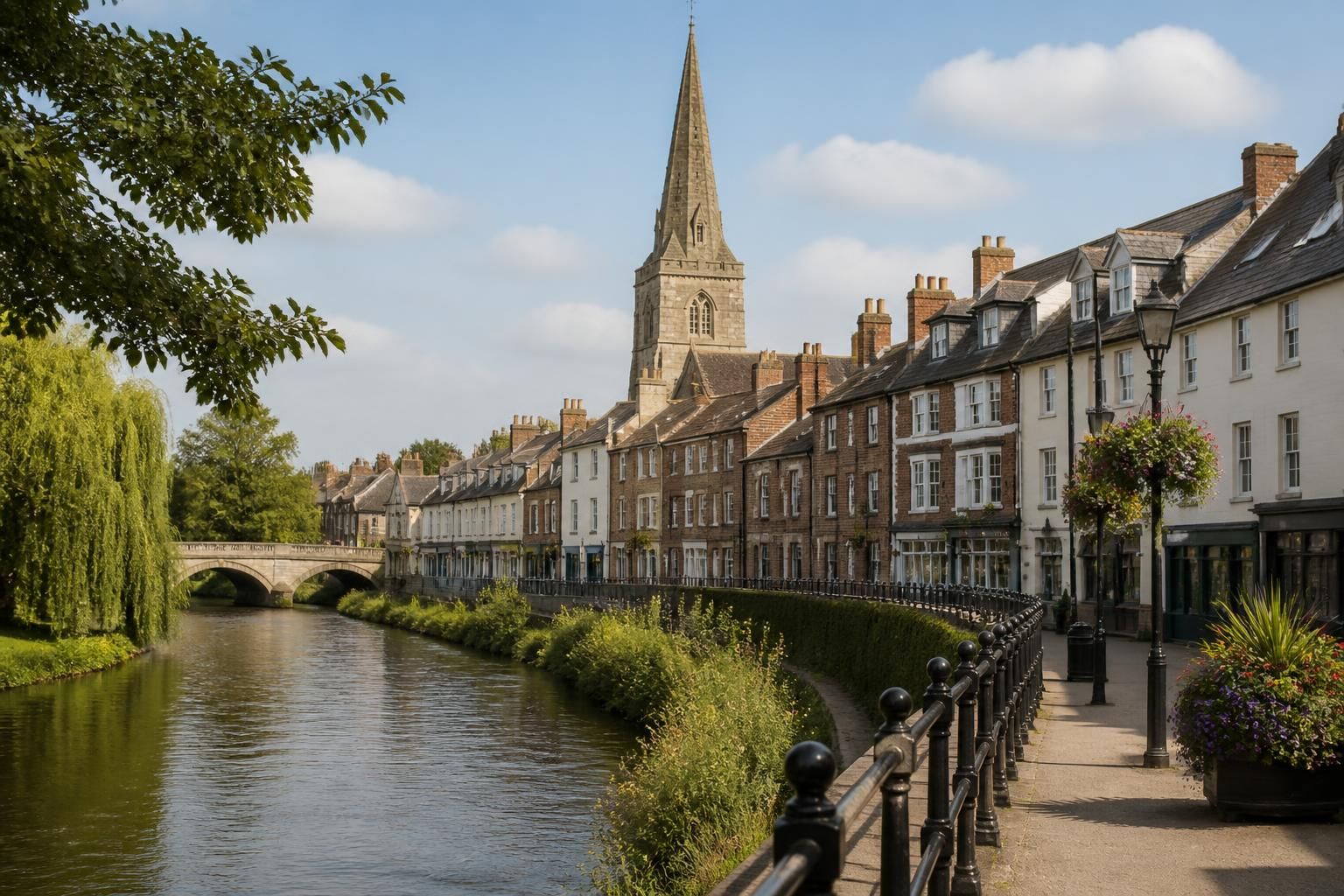 Hertford town center with traditional buildings and calm atmosphere.