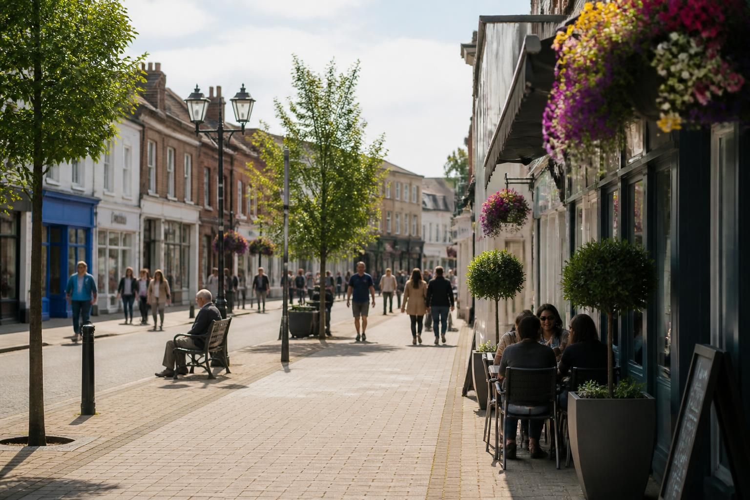 Hoddesdon town center with clean streets and relaxed atmosphere.