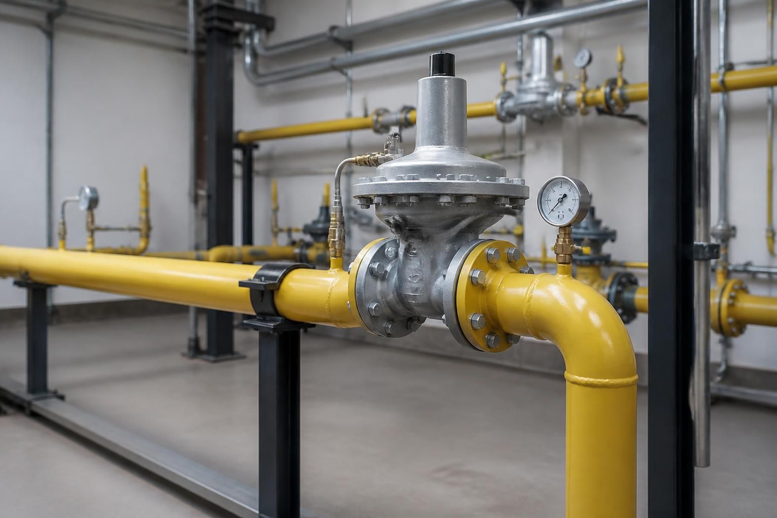 Industrial gas installation with clean pipework and orderly equipment.