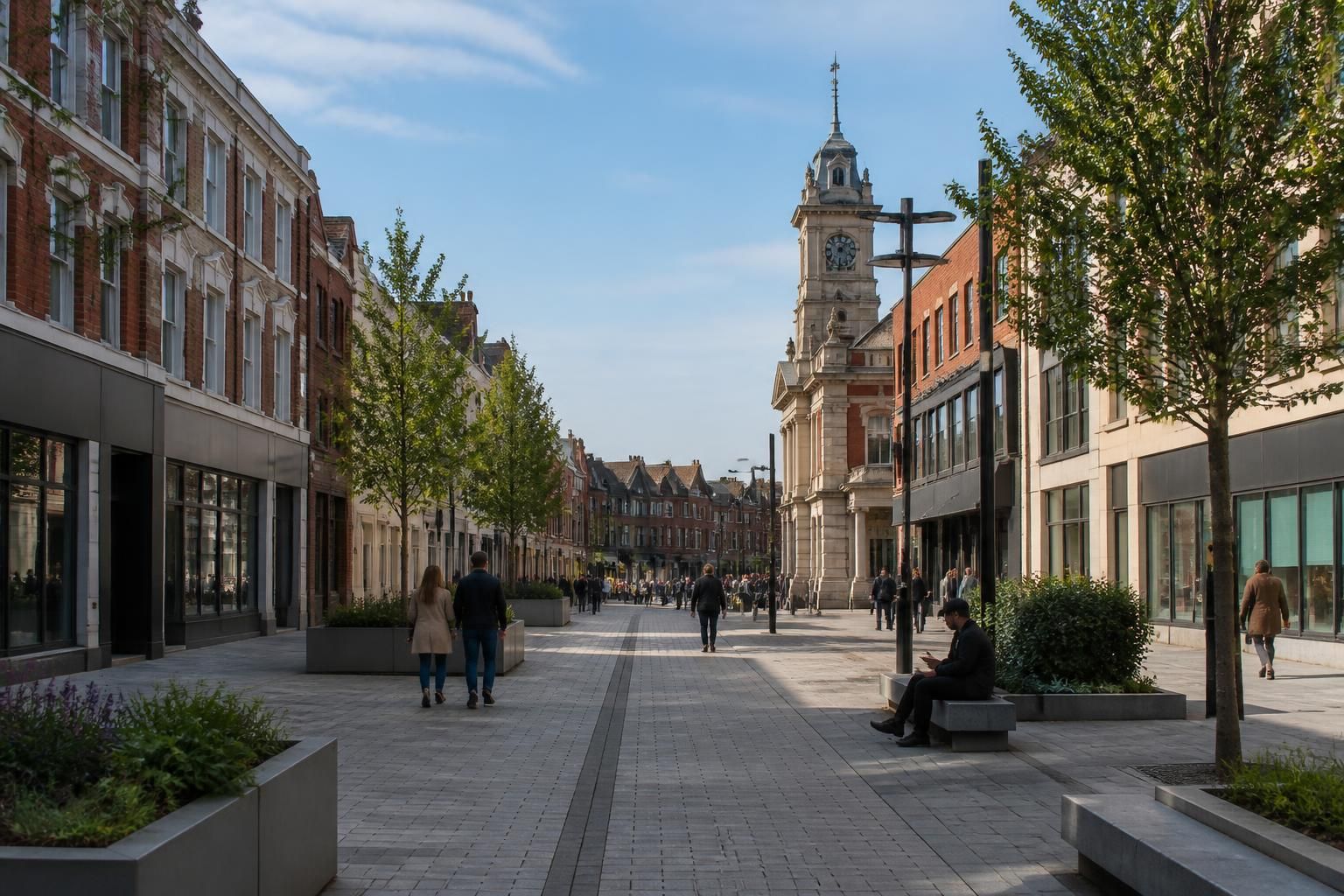 Luton town center scene with clean streets and urban atmosphere.