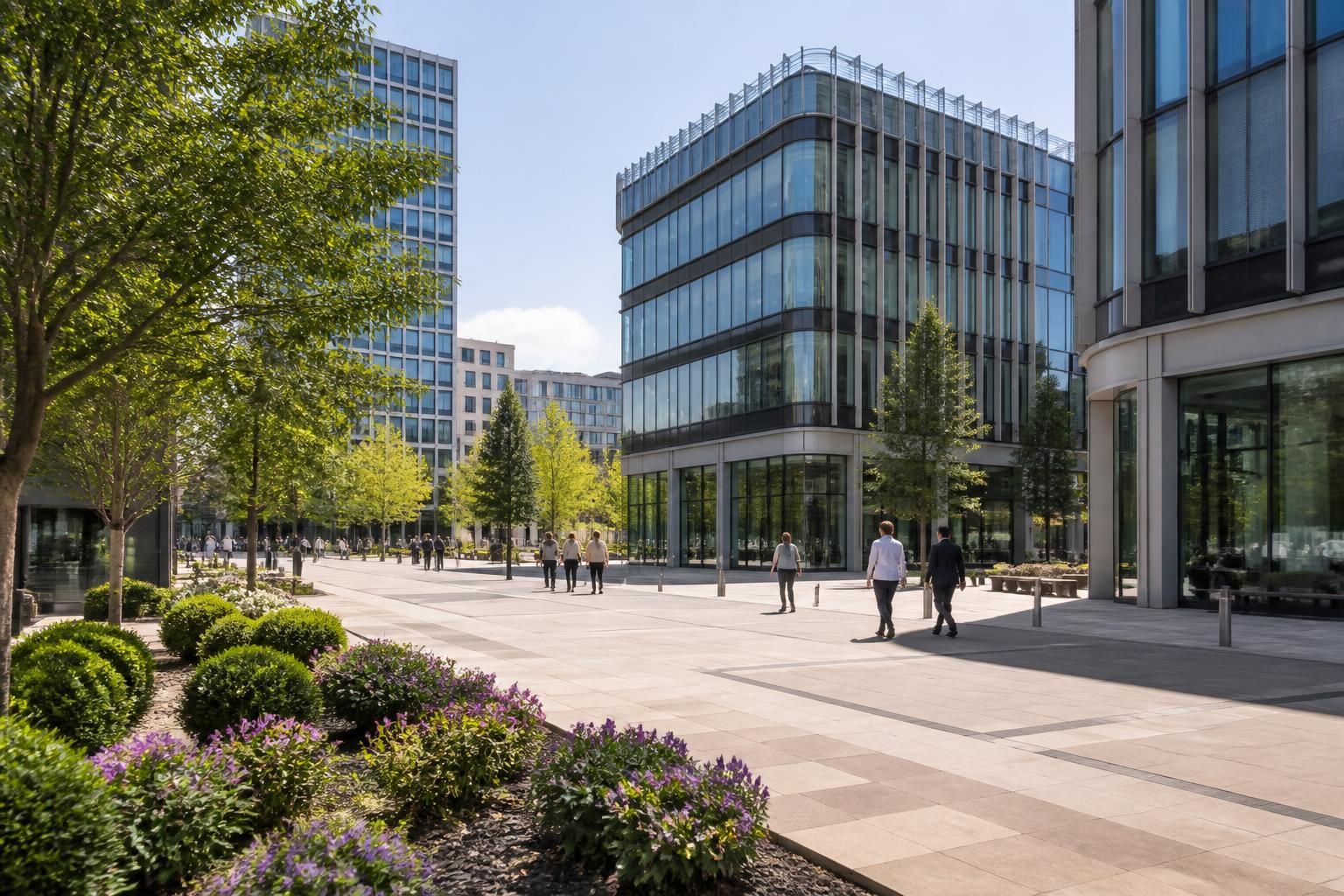 Milton Keynes commercial district with modern architecture and open streets.