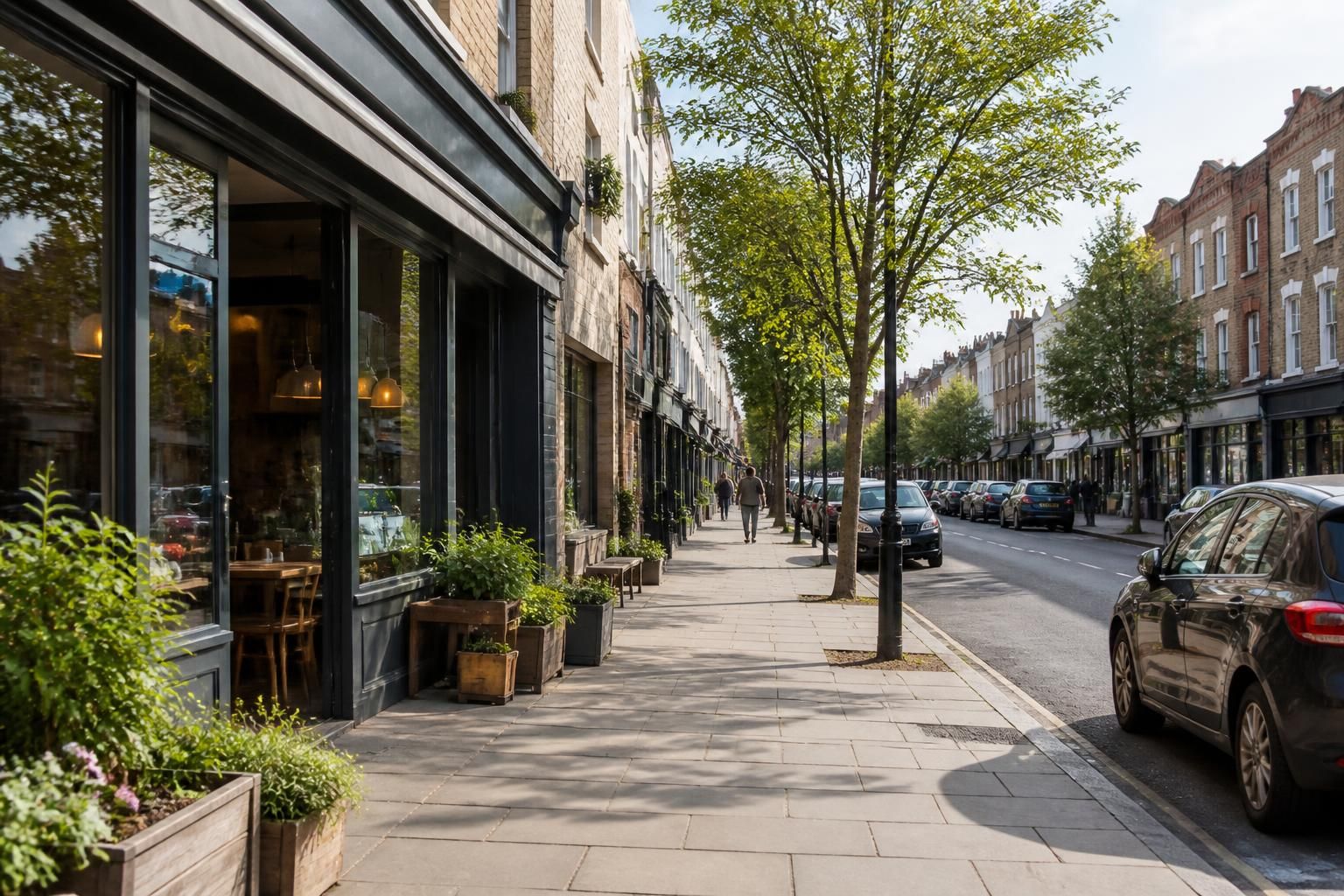 Welcoming North London commercial streetscape with modern shopfronts.