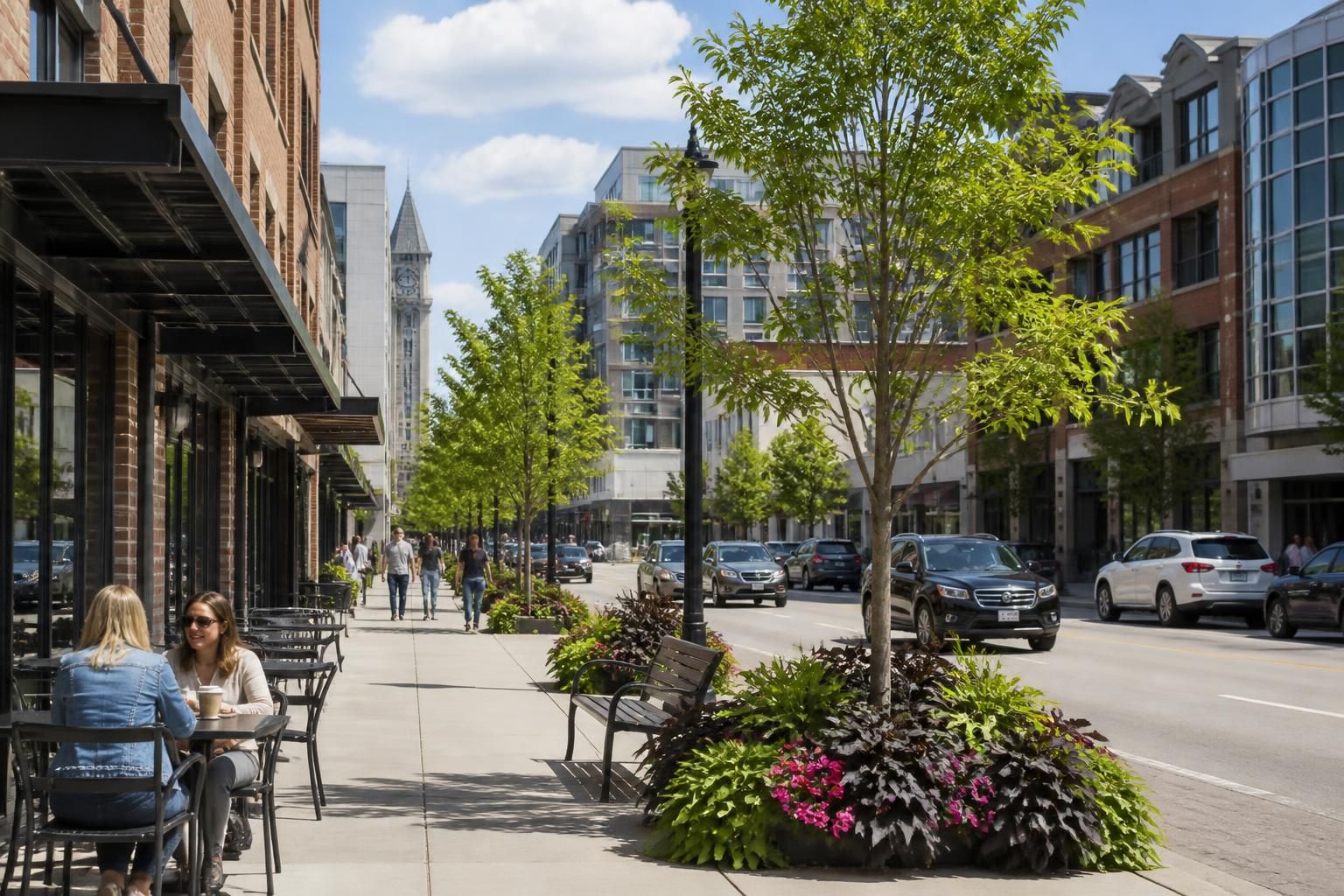 Peterborough city street with modern buildings and calm local feel.