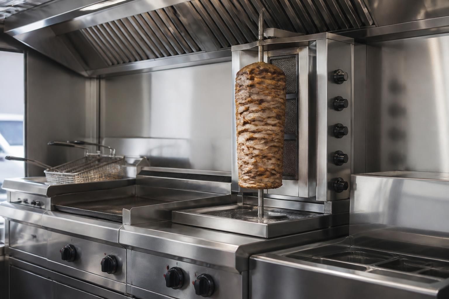 Fish and chip van kitchen with installed gas cooking equipment.